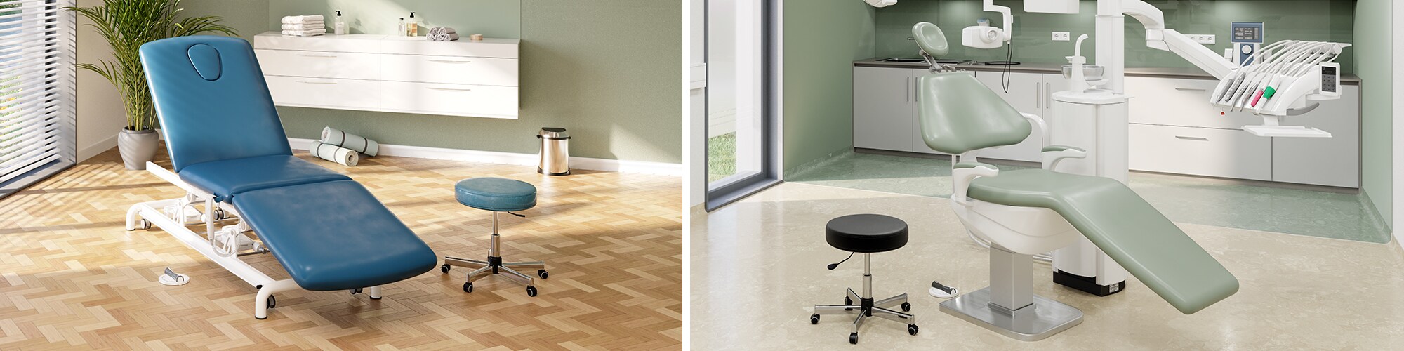 在所示环境中，治疗沙发床和牙科治疗椅配有 LINAK 产品。