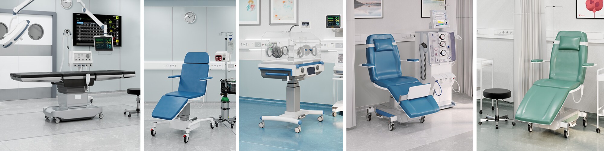 所示环境中有手术台、手术椅、献血椅、透析椅、保育箱。