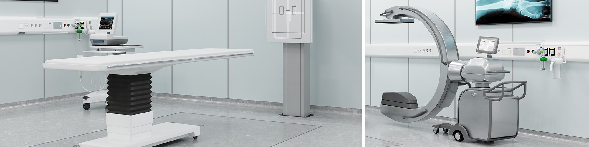 在所示环境中，C 形臂和 X 射线检查台配有 LINAK 产品。