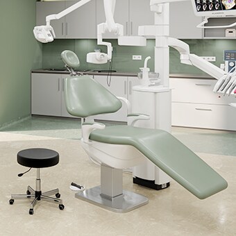 在所示环境中，配有 LINAK 产品的牙科治疗椅图片。