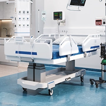 在所示的环境中,配有 LINAK 产品的 ICU 床图片。