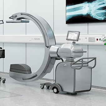 在所示的环境中，配有 LINAK 产品的 C 形臂图片。