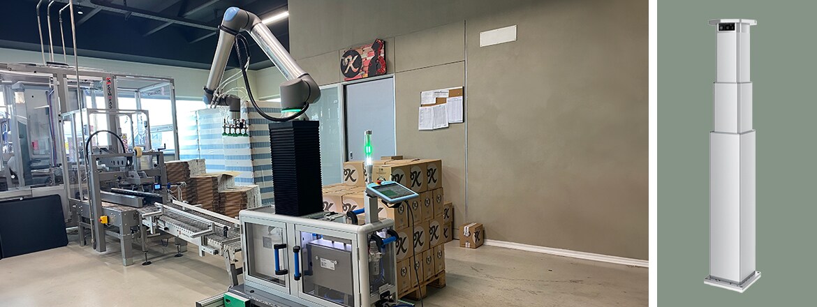 Alca 码垛机在 ELEVATE 升降柱旁工作，该升降柱可扩大协作机器人的作业范围。