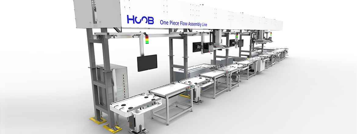 HOOB 单件流水装配线配有 LINAK® LC3 电动升降柱和 LA37 推杆