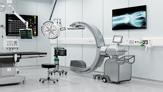 Arceau d'équipements médicaux, radiologiques ou chirurgicaux hospitaliers avec des vérins électriques linéaires LINAK.