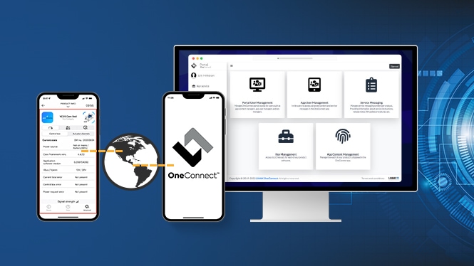 蓝色背景是 LINAK OneConnect™ 应用程序和 OneConnect™ 门户