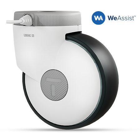 带有 LINAK 标志的灰色 WeAssist™ 脚轮：智能技术实现智能医疗床的操控。