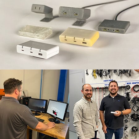 Desk2Device USB 桌上电源的原型和产品开发人员 Christian Mauzy 和 Daryl Sielaff。