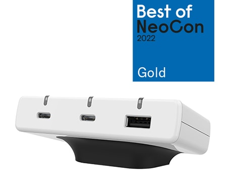 Desk2Device 高速 USB 电源，带斜角支架。NeoCon 2022 最佳产品金奖。