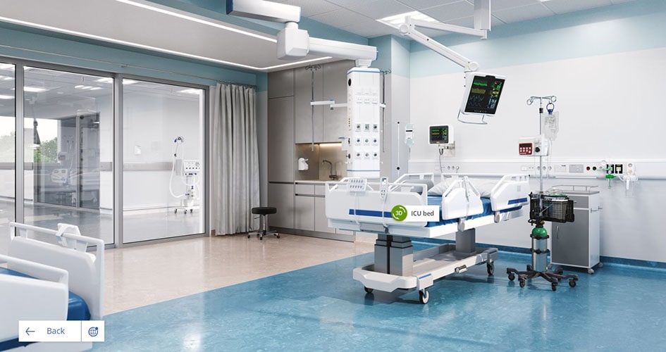 LINAK 虚拟展厅展示了反映医院 ICU 病床设置的图片,该床配有 LINAK 实现平稳运动的电动推杆,滑动查看 ICU 病床。