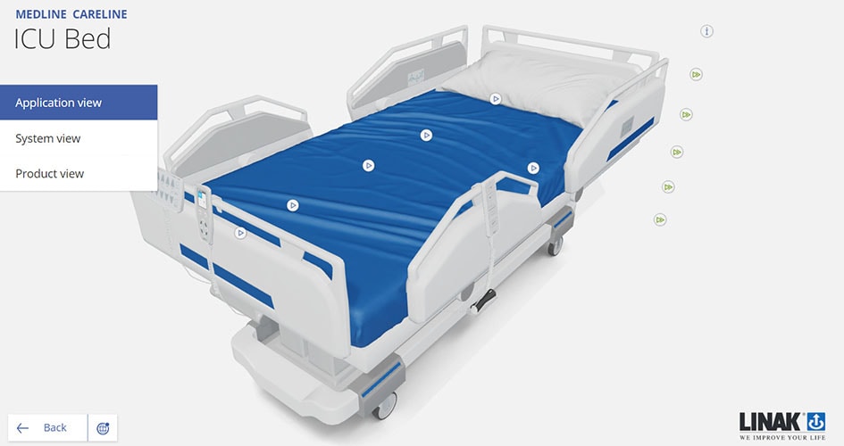 LINAK 虚拟展厅展示的 ICU 病床的特写视图,该病床通过 LINAK 电动推杆实现高级运动,滑动查看 ICU 病床的医院设置。