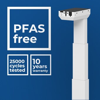 EXPERIENCE 升降柱不含 PFAS，10 年保修图标。