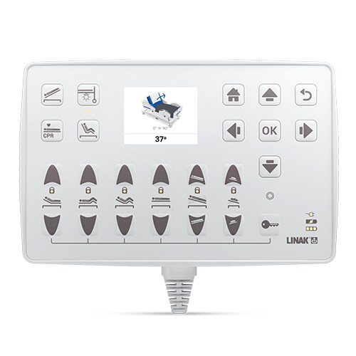 ACOD：护理人员控制 OpenBus™ 显示屏，6 按钮，靠背向上，侧护栏向上。
