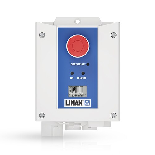 LINAK CBJ2 控制盒的前视图：JUMBO 系列，设有显示屏和紧急停止功能。