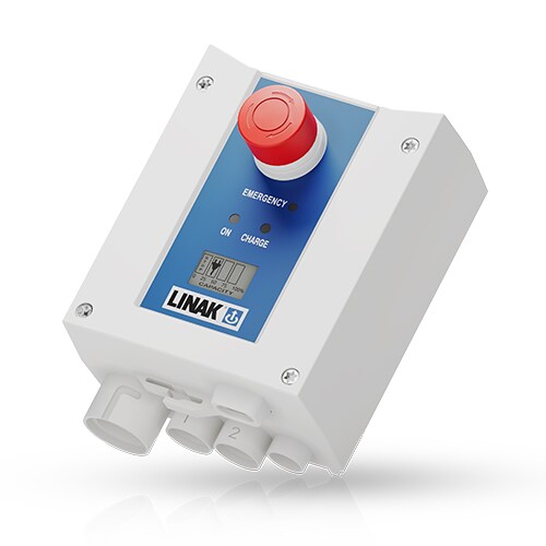 LINAK CBJ2 控制盒，侧视图，用于 JUMBO 系列病人移位机的平稳操作。