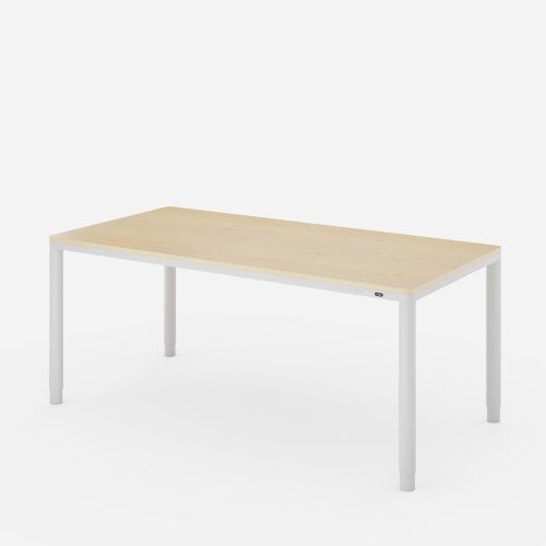 浅色木质矩形桌子，配有纤细的圆形白色电动升降桌腿 