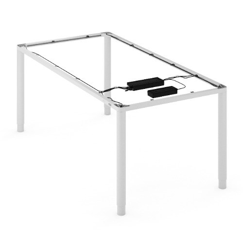 白色桌架，配有升降桌腿、安装的控制盒和电池单元，布线整齐。