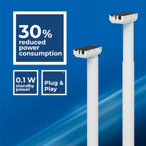 带有图标的一对圆形 DL10 EXPERIENCE™ 两段式升降柱：功耗降低 30%，待机功耗 0.1 W，且支持 Plug & Play™（即插即用）。