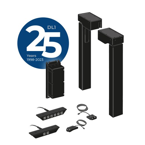 LINAK DL1 系统示图：供电动升降办公桌用的“电动桌腿”和所有电子零件。DL1 25 年纪念标志：1998 年 - 2023 年