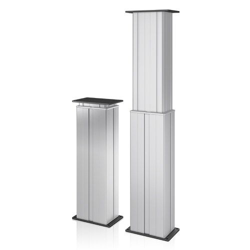 一对坚固的 LINAK DL2 两段式电动升降柱。一个下降，一个升起。