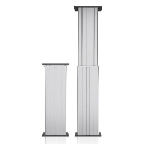 一对结构坚固的 LINAK DL2 两段式升降柱。一个向下和一个向上的宽侧视图。