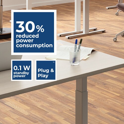 DL20 EXPERIENCE™ 两段式升降柱和图标能耗降低 30%，待机功率 0.1 W，即插即用，并且 Plug & Play ™（即插即用）