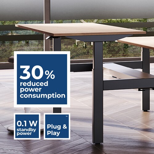 DL5 EXPERIENCE™ 两段式升降柱用于工作台，并配有功能图标，能耗降低 30 %，待机功率 0.1 W，支持 Plug & Play™（即插即用）