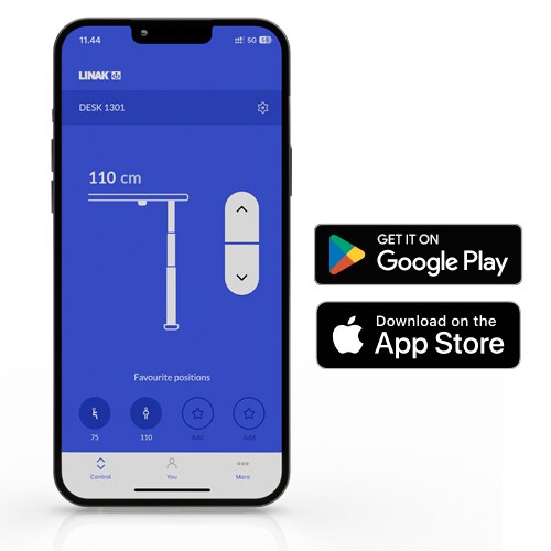 Desk Connect™ App 旁边的 Google Play 和应用商店图标 - 可用于 iOS 和安卓 - 手机上有显示