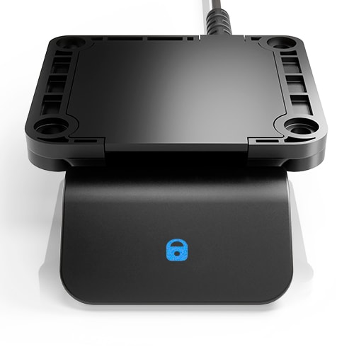 LINAK DPI1C 控制器前视图,钥匙锁功能已启动,显示屏显示图标。