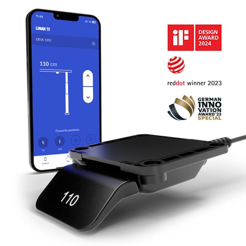 LINAK DPI1C 控制器采用简洁的流线型设计 - 配有 App，Desk Connect™。