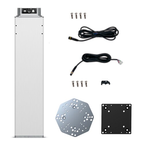 LINAK® ELEVATE 升降柱套件用于码垛机器人，其中包括电缆和协作机器人用的顶板和底板。