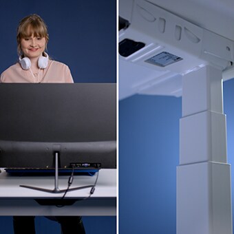 办公人员在使用 LINAK® 高速升降柱驱动的高度可调办公桌