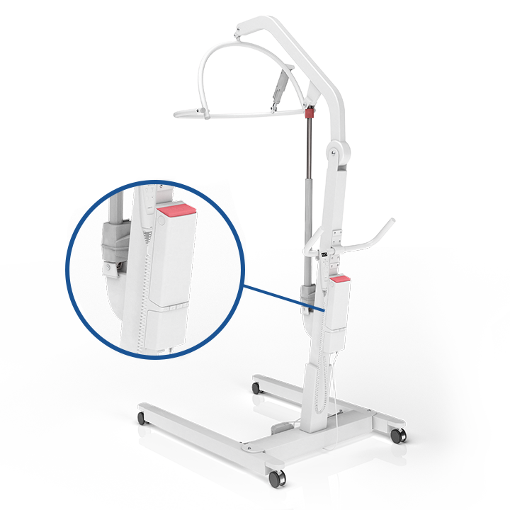 安装在病人移位机上的 LIFT 产品的特写视图，背景为移位机本身。