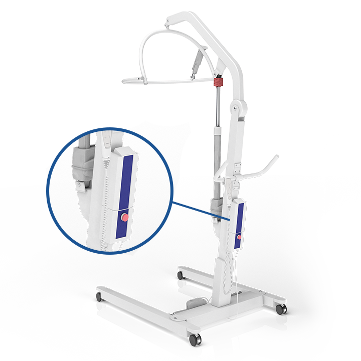 JUMBO™ Care 产品安装在病人移位机上的特写视图，背景是移位机本身。