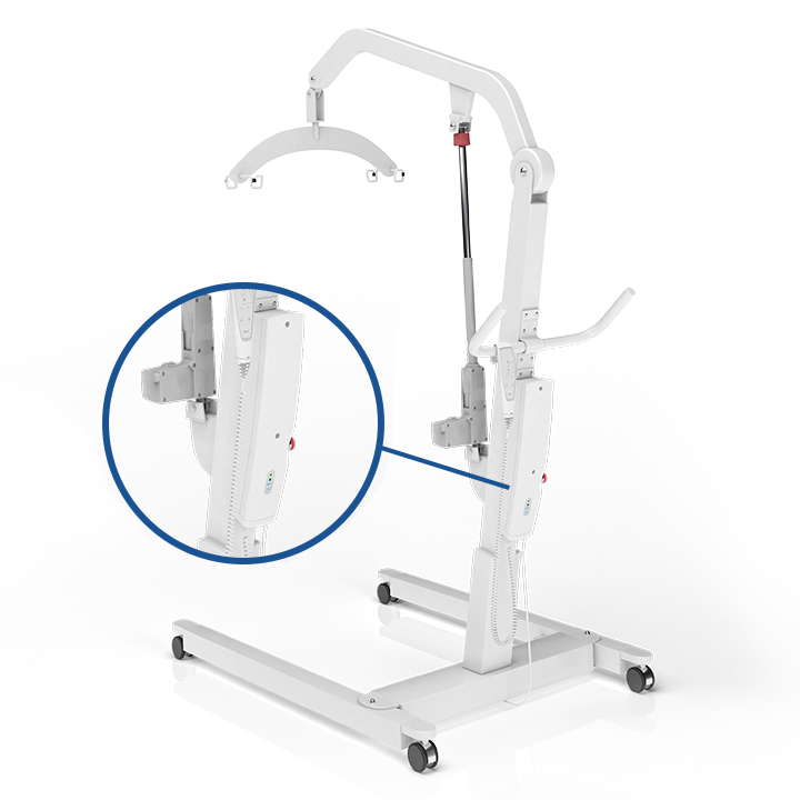 安装在病人移位机上的 JUMBO™ Home 产品特写视图，背景为病人移位机本身。