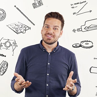 LINAK® Actuator Academy™（推杆学院）指南，周围环绕着绘制的电动推杆相关组件。