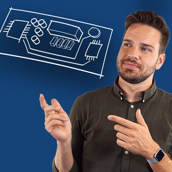 男士指向 PCB 插图。LINAK（全球电动推杆制造商）的图片。