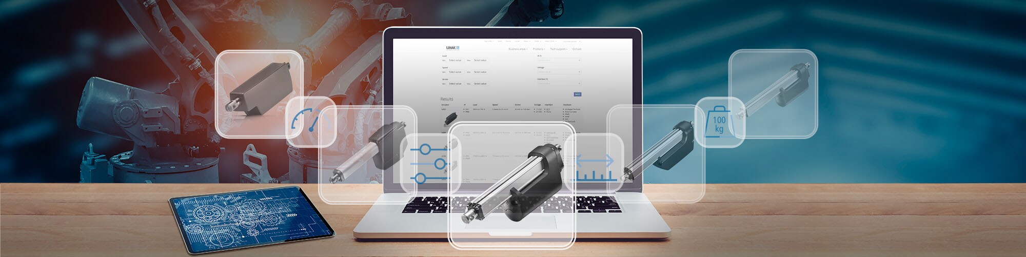 LINAK® 产品选型工具。屏幕带有产品选型工具的桌面。可供选择的推杆。