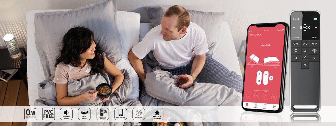 供舒适家具用的高级版推杆系统：LINAK® TWINDRIVE® 高级版双马达驱动推杆、高级版手控器和 App。 