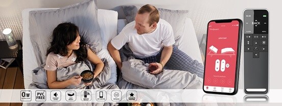 供舒适家具用的高级版推杆系统: LINAK TWINDRIVE 高级版双马达驱动推杆、高级版手控器和 app。