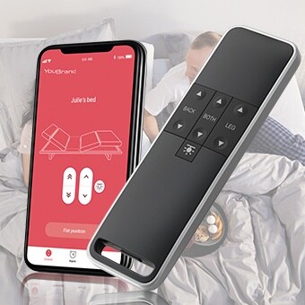 供舒适家具用的标准版推杆系统：LINAK® TWINDRIVE™ 标准版双马达驱动推杆、手控器和 App。 