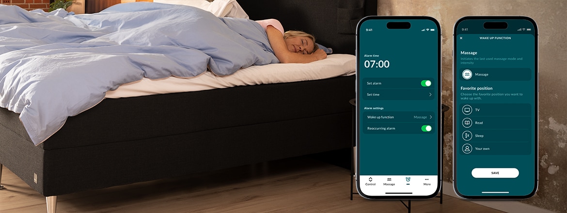 LINAK Bed Control™ 应用程序中的报警功能，一位女士睡在可调节床上。