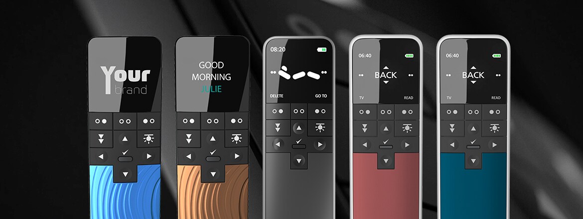 可定制屏幕的 LINAK HC40 手控器，适配 TWIST 和 FRAME 品牌标识风格