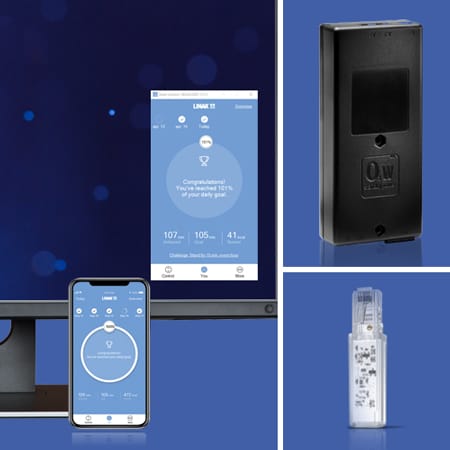显示移动设备和 Windows 10 所用 App 的台式 PC，蓝牙适配器 BLE2LIN 以及黑色控制盒 CBD6S 会显示出来。