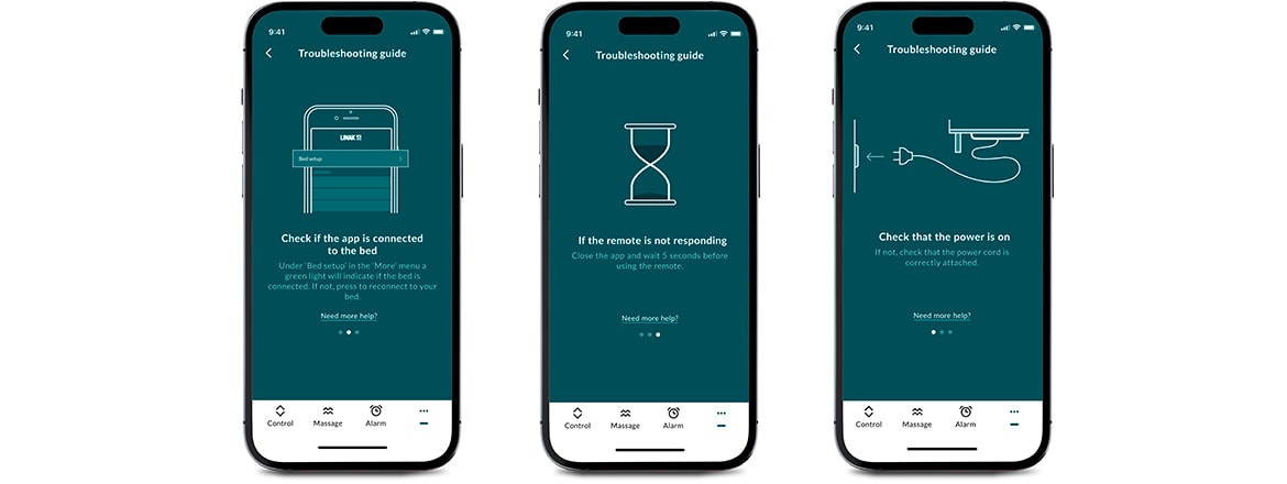 LINAK Bed Control™ 应用程序（用于可调节家庭床）中的故障排除指南的屏幕