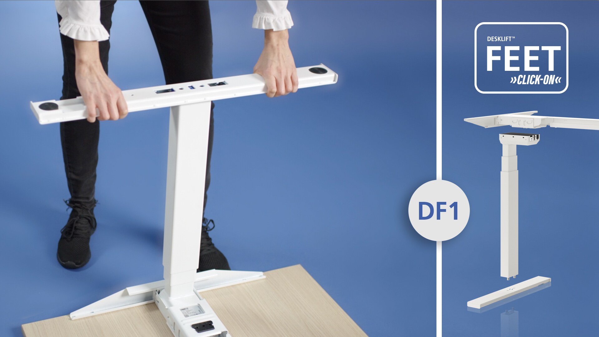 视频演示了如何将快装式桌脚安装于 LINAK 升降柱上和 LINAK 的全套桌架方案 1 （Desk Frame 1）上。