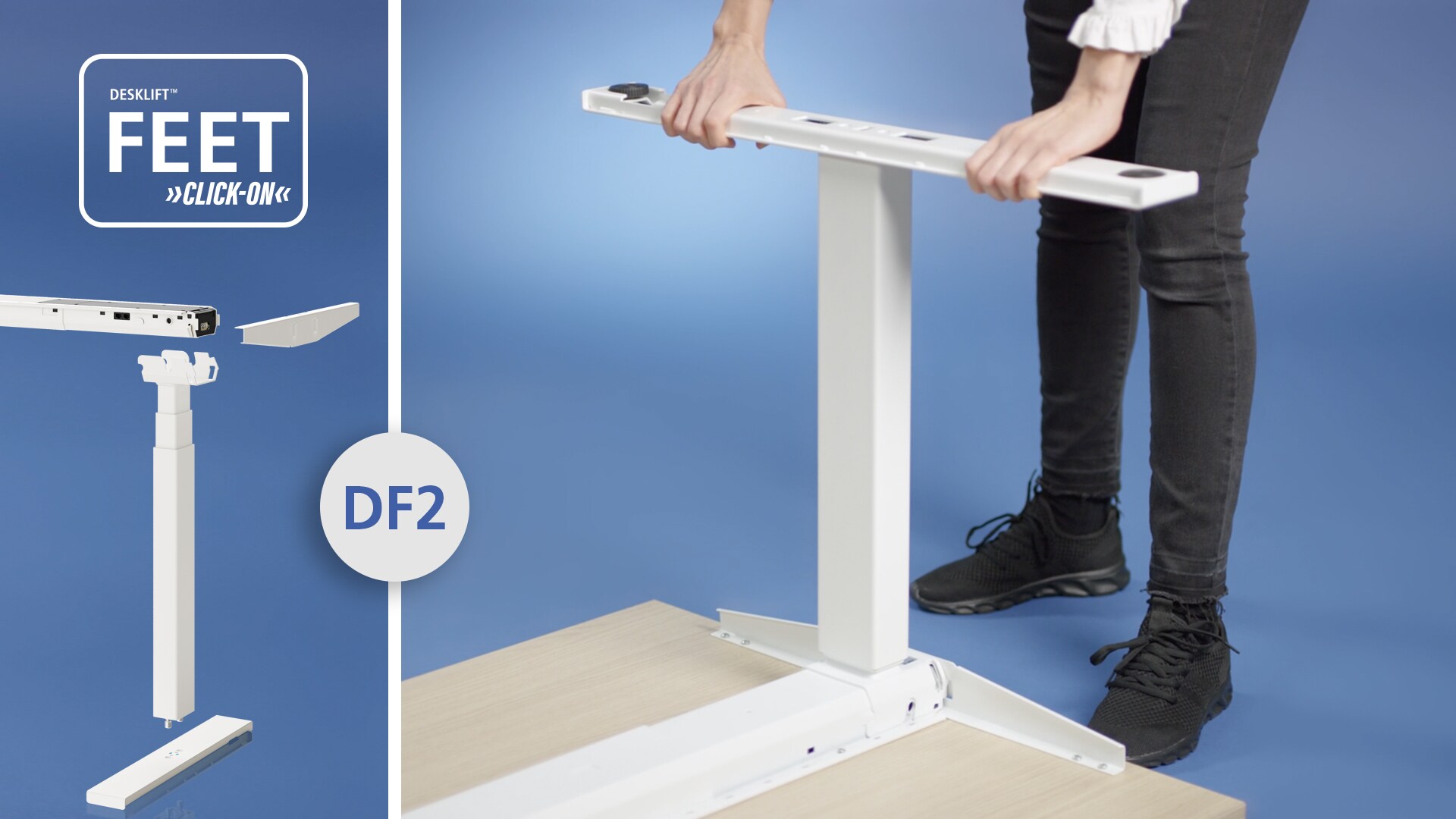 视频演示了如何将快装式桌脚安装于 LINAK（力纳克）提供动力的全套桌架方案2（Desk Frame 2） 的升降柱上。