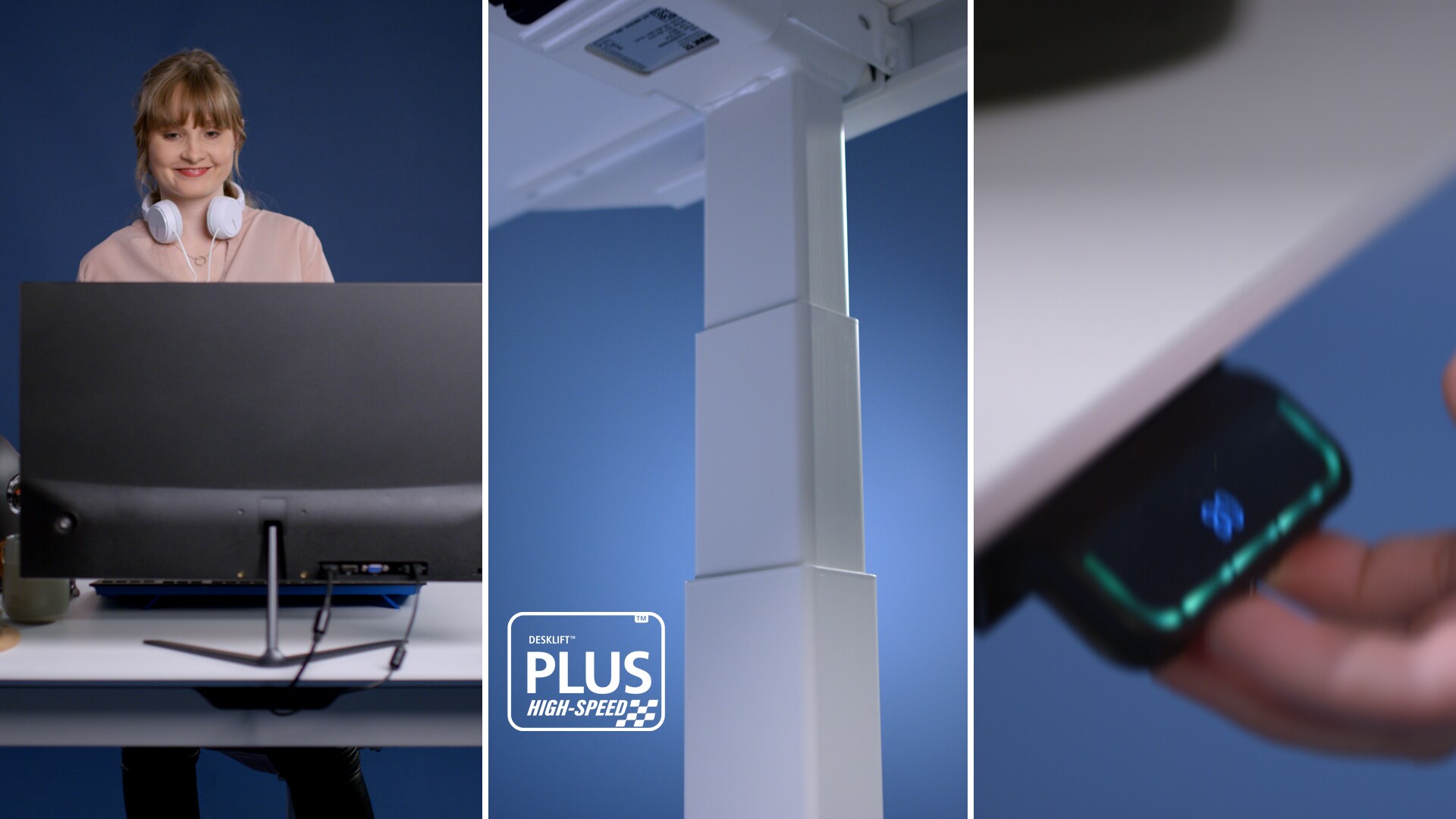 办公人员在使用 LINAK 三段式高速升降柱驱动的升降桌