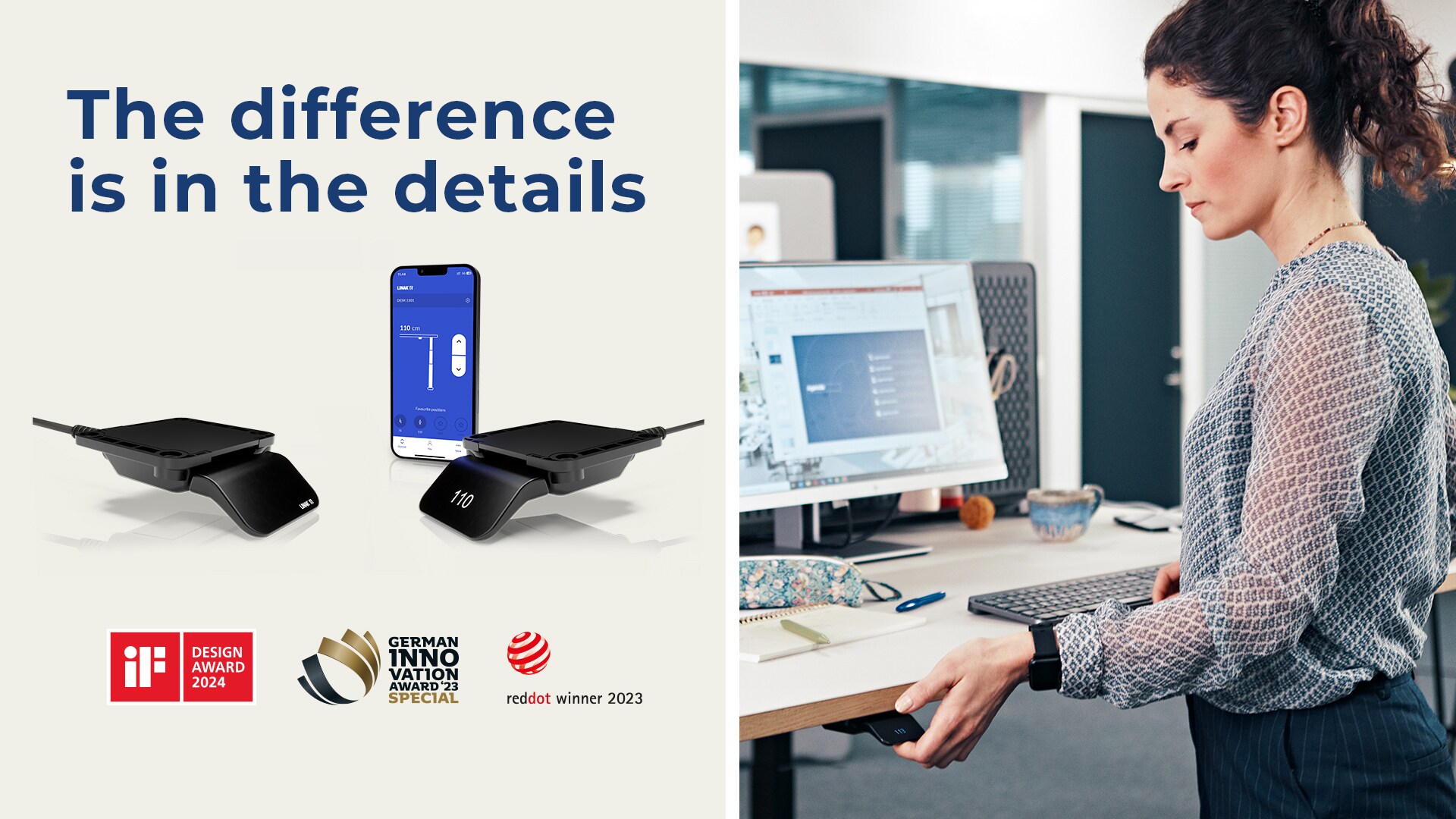 一位女士在办公室通过 LINAK DPI 控制器将升降办公桌升到站立位置。 