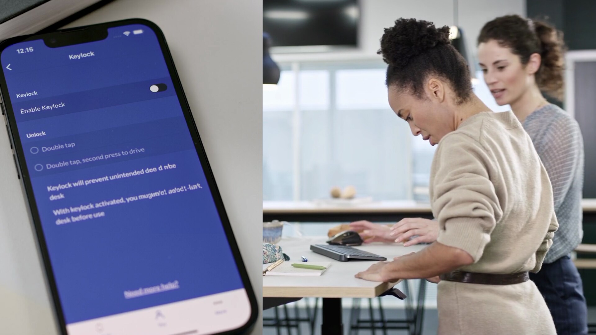 移动设备演示了如何通过 Desk Connect™ App 启用 LINAK DPI1C 桌面板的 Keylock 功能屏幕以及站立在电动升降桌旁的两位办公室同事。 